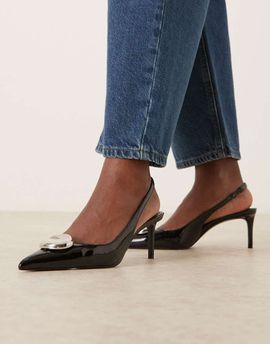 Mango Mango pointed toe slingback heels with statement hardware in black