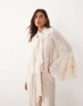 Mango Mango premium ruffle detailing embroidered blouse in cream-Neutral