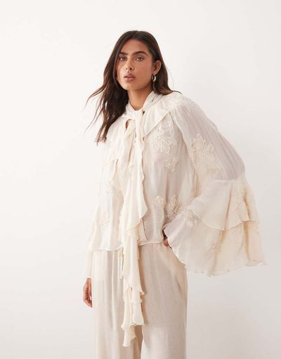 Mango Mango premium ruffle detailing embroidered blouse in cream-Neutral