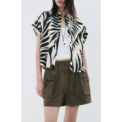 MANGO MANGO Print Button-Up Roll Cuff Shirt