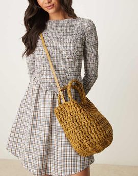 Mango Mango raffia bucket bag with lining in tan-Brown