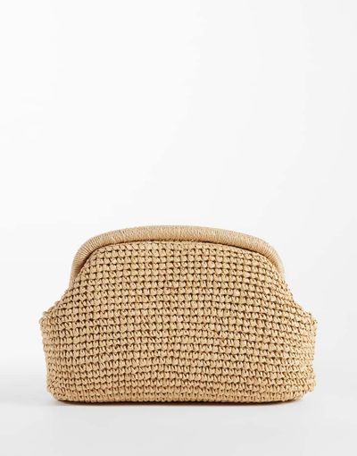 Mango Mango raffia clutch with detatchable chain in beige-Neutral