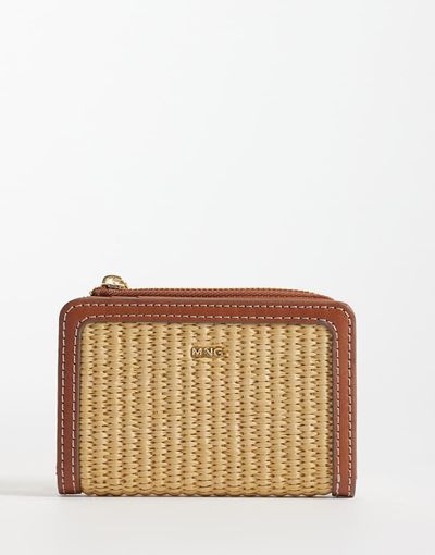 Mango Mango raffia look zip up wallet in tan-Neutral