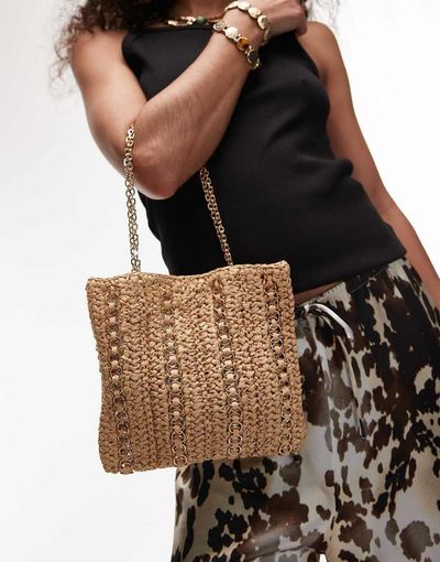 Mango Mango raffia metal hoop detailed shoulder bag in light beige-Neutral