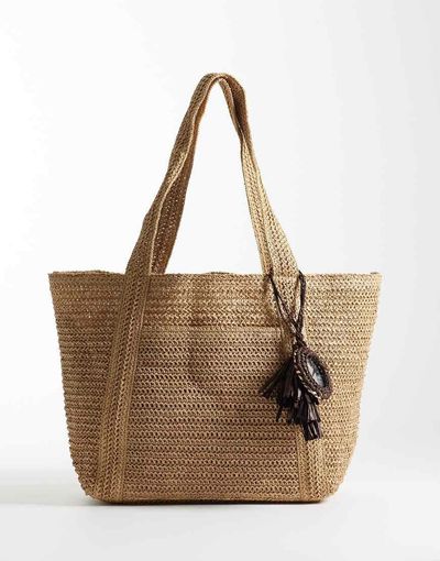 Mango Mango raffia tote bag in beige-Neutral