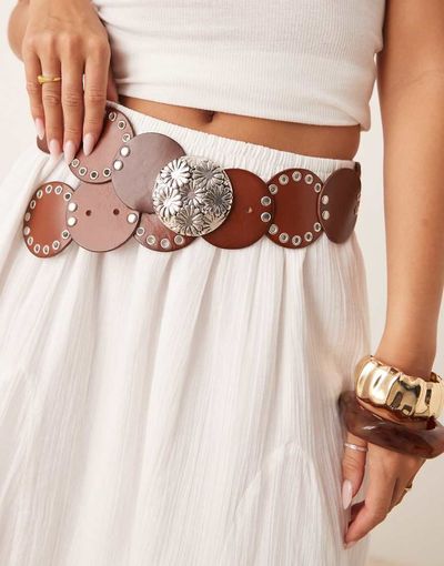 Mango Mango retro studded leather disc belt in brown