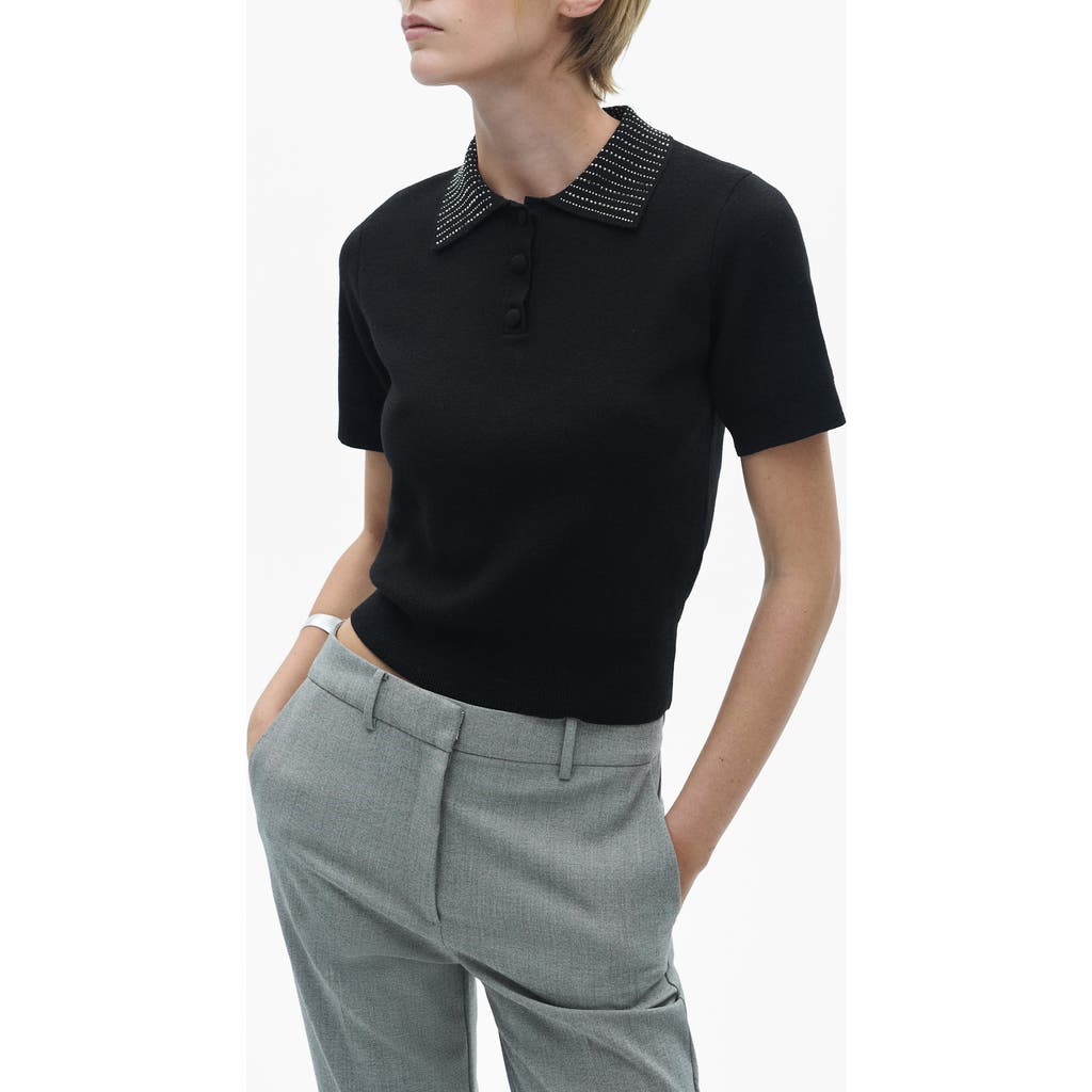 MANGO MANGO Rhinestone Collar Knit Polo Shirt