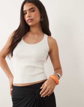Mango Mango ribbed tank top with lace trim in white