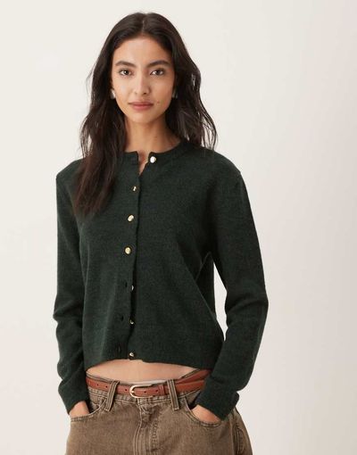 Mango Mango round neck cardigan with gold buttons in forest green