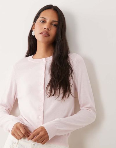 Mango Mango round neck cardigan with lace trim in pastel pink