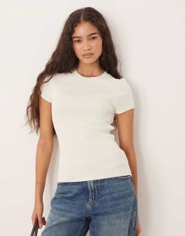 Mango Mango round neck short sleeve knit top in white
