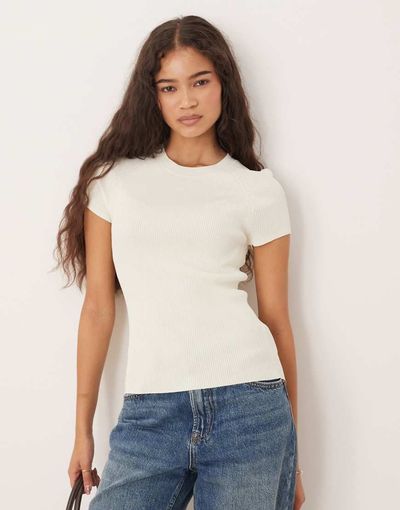 Mango Mango round neck short sleeve knit top in white