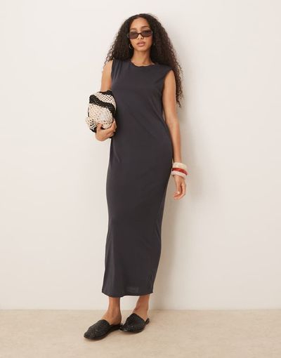 Mango Mango round neck straight fit dress in washed black