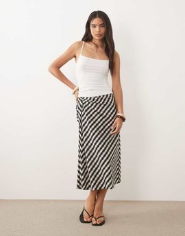 Mango Mango ruched side midi skirt in navy check print