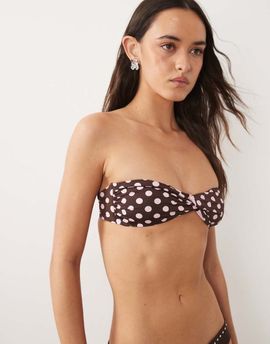 Mango Mango ruched tie back polka dot bandau bikini top in brown