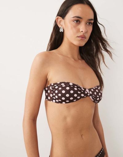 Mango Mango ruched tie back polka dot bandau bikini top in brown