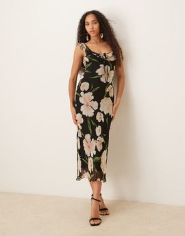 Mango Mango ruffle trim sleeveless maxi dress in dark-based floral print-Black