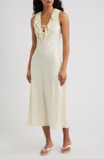 MANGO MANGO Ruffled Lace Trim V-Neck Midi Dress