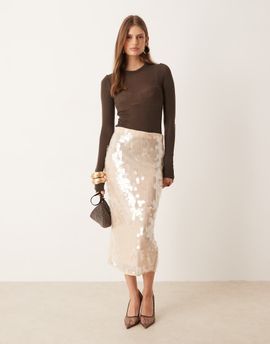 Mango Mango sequin midi skirt in beige-Neutral