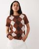 Mango Mango short sleeve knit top in brown and cream argyle print - 1