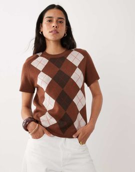Mango Mango short sleeve knit top in brown and cream argyle print