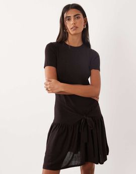 Mango Mango short sleeve tie waist mini dress in chocolate-Brown