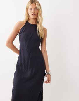 Mango Mango sleeveless halter neck midi dress in blue plaid print