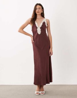 Mango Mango sleeveless satin midi dress with lace trim in rose-Red