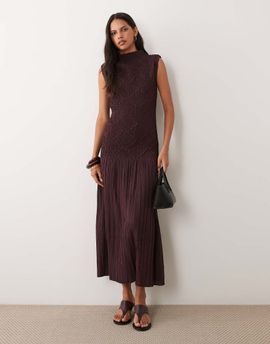 Mango Mango sleeveless shirred bodice midi dress in burgundy