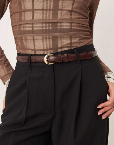 Mango Mango slim faux leather belt in brown