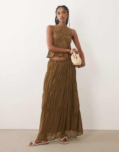 Mango Mango Snake ruched maxi skirt with beaded detail in brown - part of a set