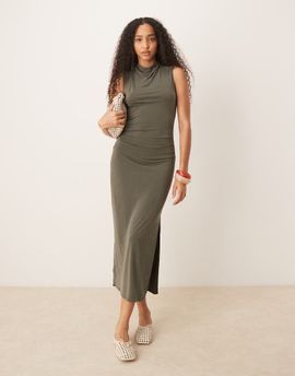 Mango Mango soft touch ruched midaxi dress in washed khaki-Green