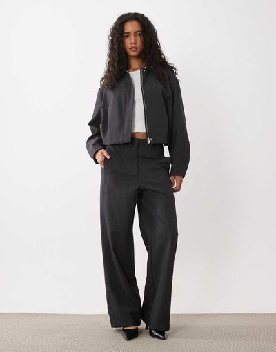 Mango Mango Souffle relaxed pants in charcoal pinstripe - part of a set-Gray