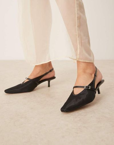 Mango Mango square sling back kitten heels with buckle detail in black