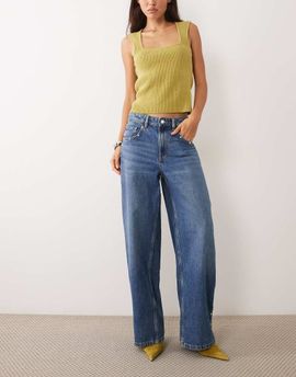 Mango Mango straight jeans with side studs in mid blue