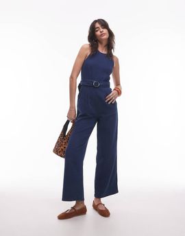 Mango Mango straight leg denim jumpsuit with belt detail in indigo-Blue