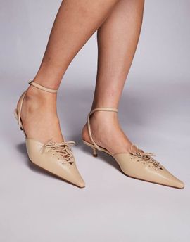 Mango Mango strappy pointed kitten heels with lace up front in beige-Neutral