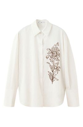 MANGO MANGO Stripe Floral Beaded Embroidered Button-Up Shirt