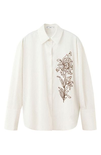 MANGO MANGO Stripe Floral Beaded Embroidered Button-Up Shirt