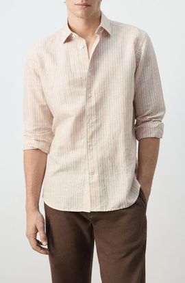 MANGO MANGO Stripe Linen Blend Button-Up Shirt