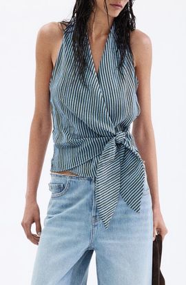 MANGO MANGO Striped Halter Top with Fixed Knot