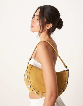 Mango Mango studded detail leather hand bag with fringe trim in tan-Brown