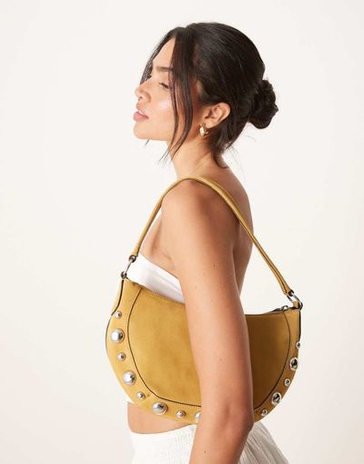 Mango Mango studded detail leather hand bag with fringe trim in tan-Brown