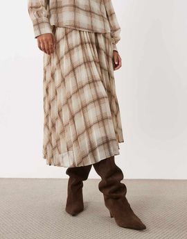 Mango Mango Stut flowy midi skirt set in cream check print-Brown