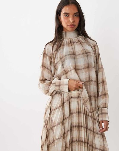 Mango Mango Stut high neck long sleeve blouse set in cream check print-Brown