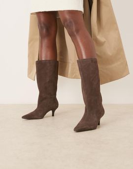 Mango Mango suede pointed heeled boots in dark brown
