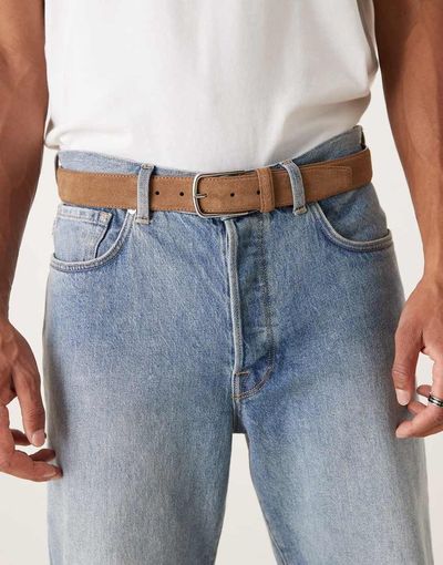 Mango Mango suede silver buckle belt in tan-Brown