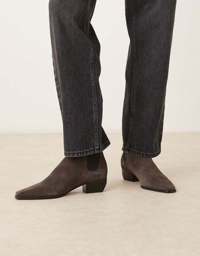 Mango Mango suede square toe low heeled western ankle boots in gray