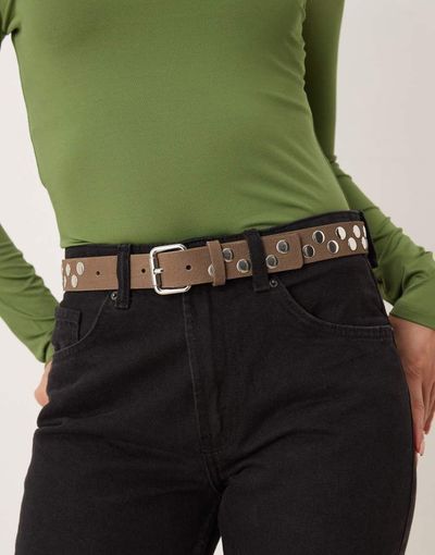 Mango Mango suede studded belt in mushroom-Brown