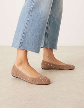 Mango Mango suede studded flat shoes in caramel-Brown